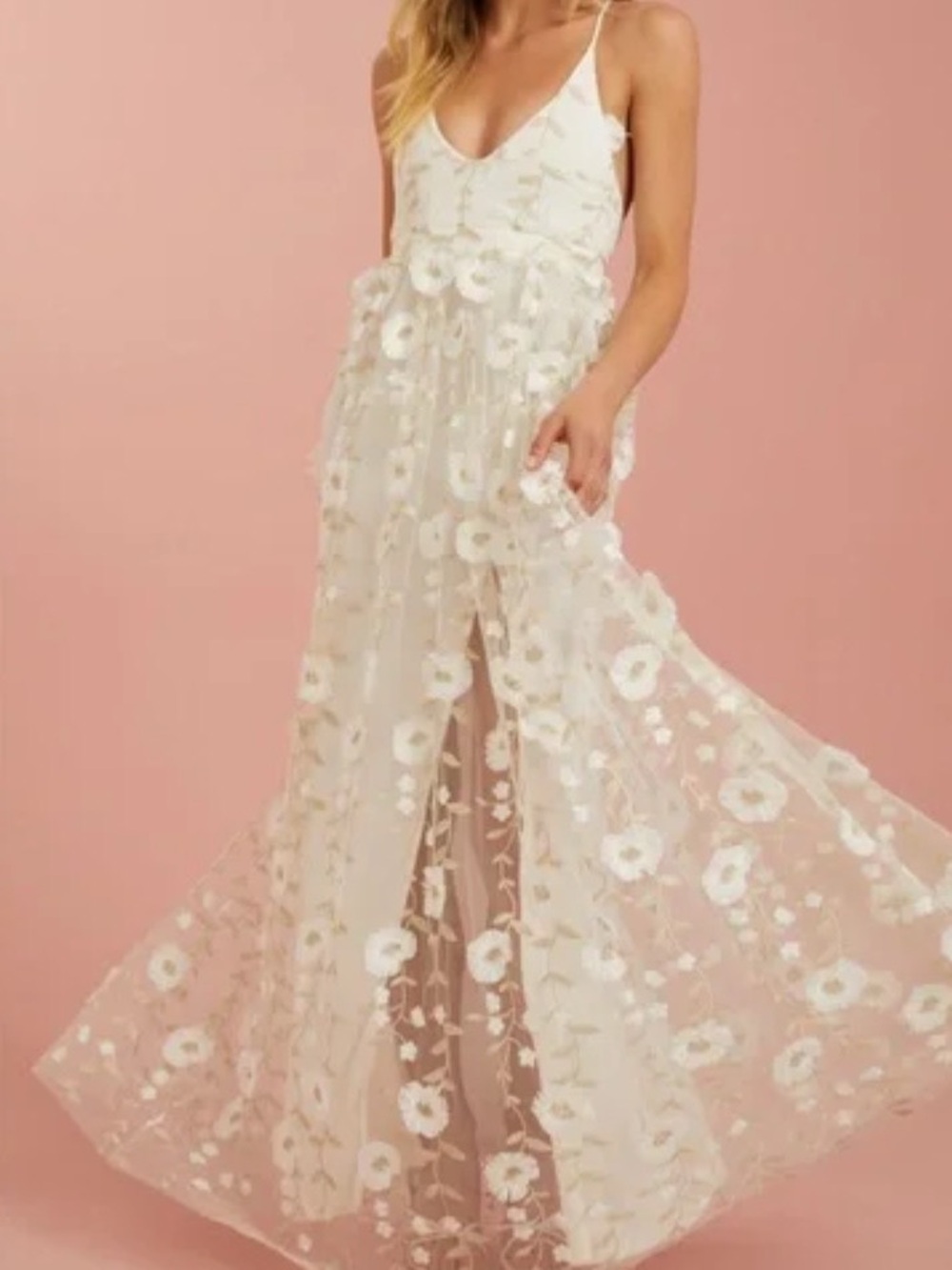 Altar'd State White 3D Floral Embroidered Maxi Dress Size XS